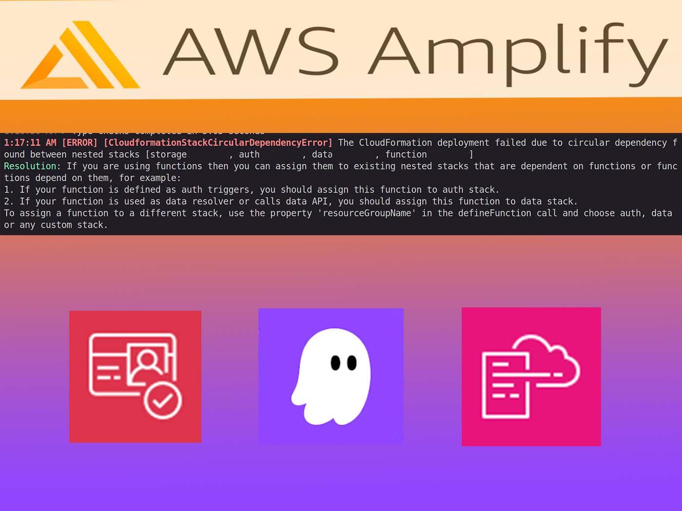 Log de despliegue de AWS Amplify con el error de dependencia circular de CloudFormation entre los stacks anidados storage, auth, data y function