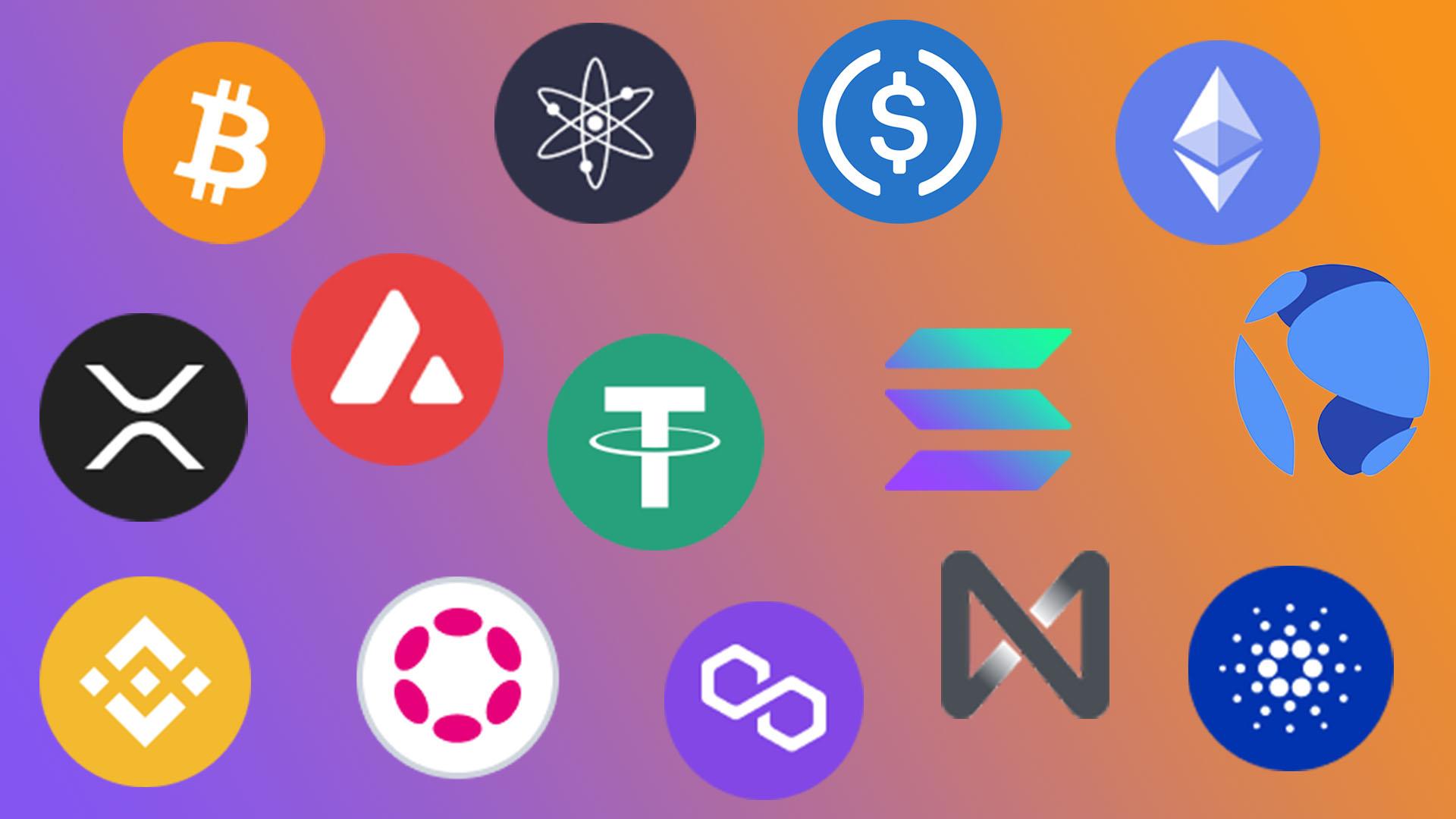 Logos de las principales blockchains y criptomonedas, entre ellas Bitcoin, Ethereum, Solana, Cardano, Polkadot y Polygon