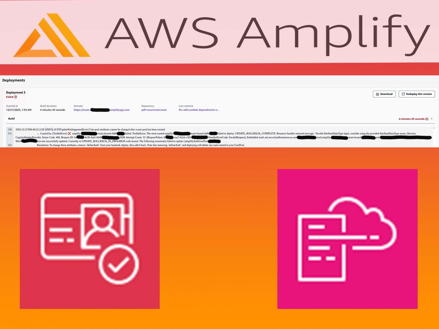 Consola de AWS Amplify con un despliegue fallido y el error CFNUpdateNotSupportedError al cambiar atributos del grupo de usuarios de Cognito