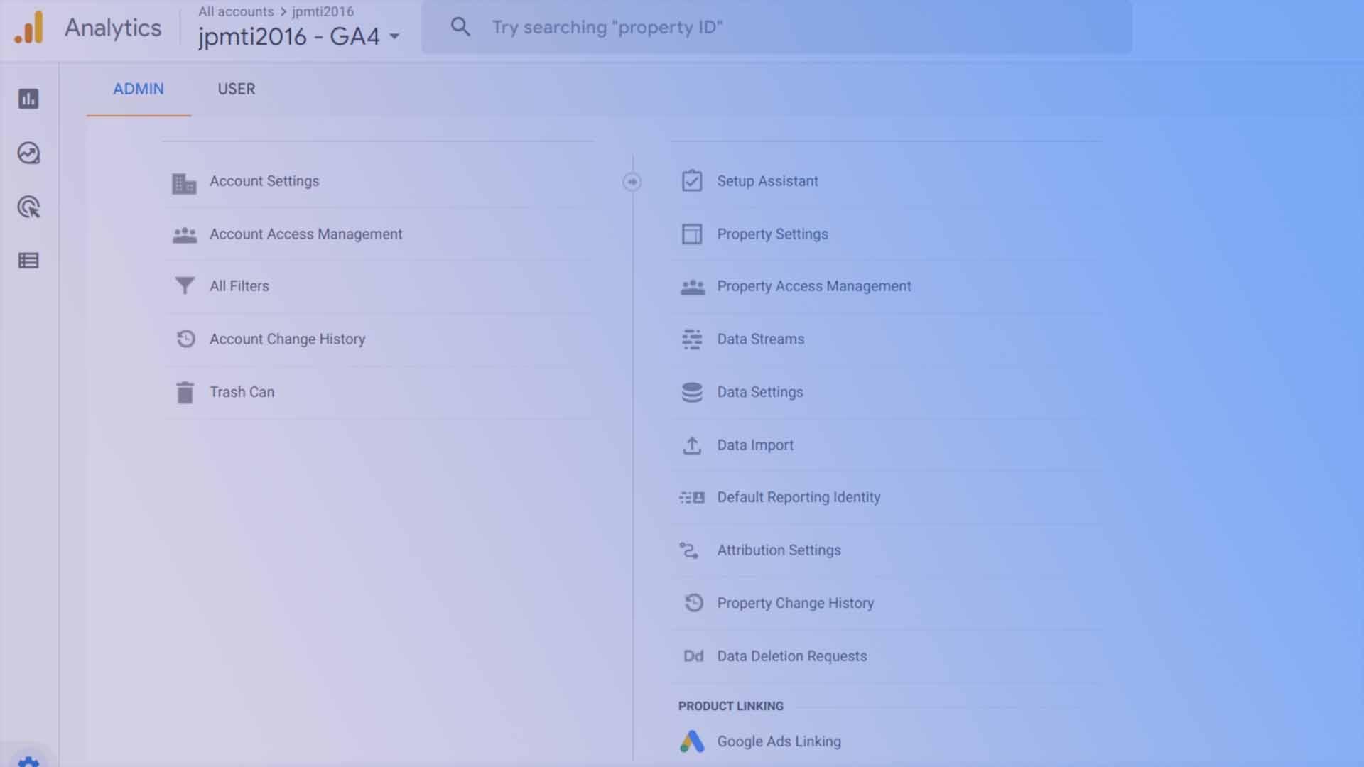Google Analytics 4 admin screen for the jpmti2016 property, showing account and property settings