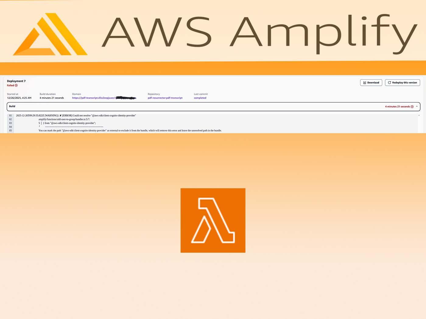 Consola de AWS Amplify con un despliegue fallido y el error de empaquetado could not resolve @aws-sdk/client-cognito-identity-provider