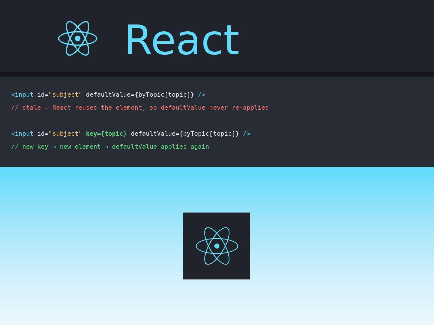 Código de React comparando un input sin key con el mismo input con key={topic}, que reinicia su defaultValue